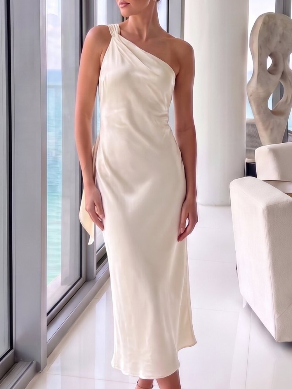 NWT LULUS Naima ivory satin midi dress one shoulder XL
